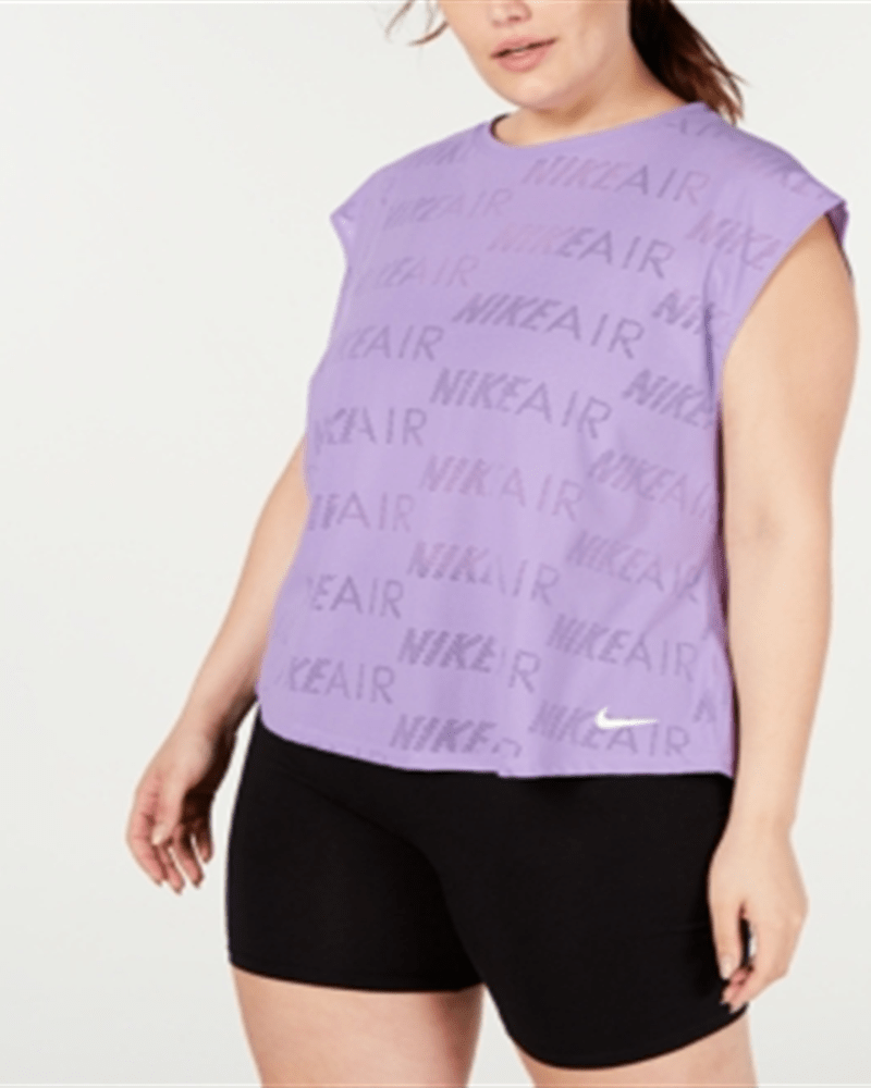 Front of a model wearing a size XL Nike Women's Plus Air Logo Print T-Shirt Purple Size X-Large in Purple by Nike. | dia_product_style_image_id:313827